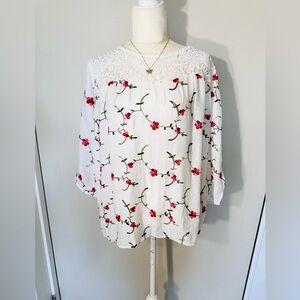 Anthropologie Kindred Cherry Peasant Blouse Boho TOP SZ 2X Embroidered Crochet
